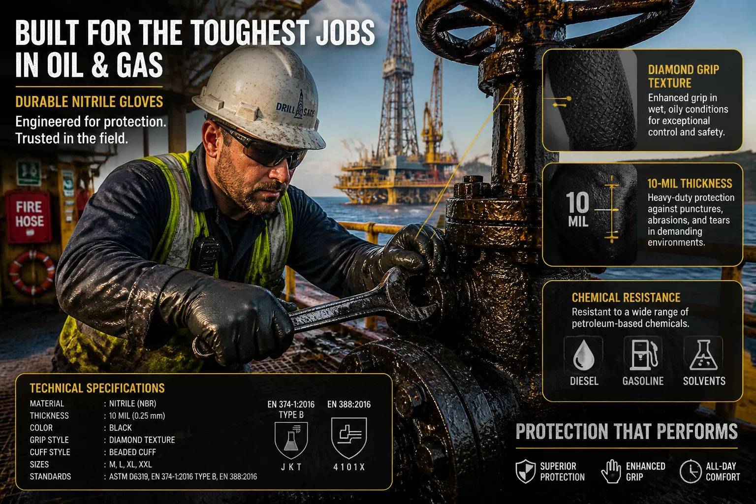 () industrial scene showing oil and gas field application of durable nitrile gloves. Wide-angle shot of offshore drilling