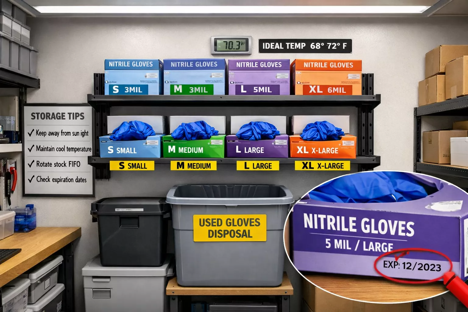 () practical storage solution demonstration showing organized small business stockroom. Main focus: wall-mounted shelving