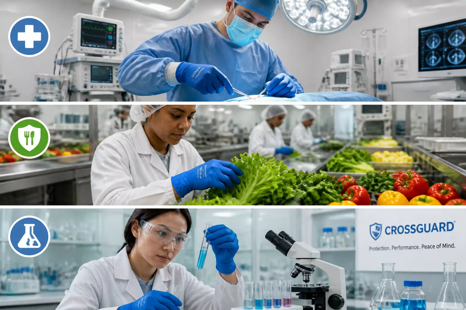 () real-world application collage showing CrossGuard gloves in three distinct professional environments. Top third: hospital