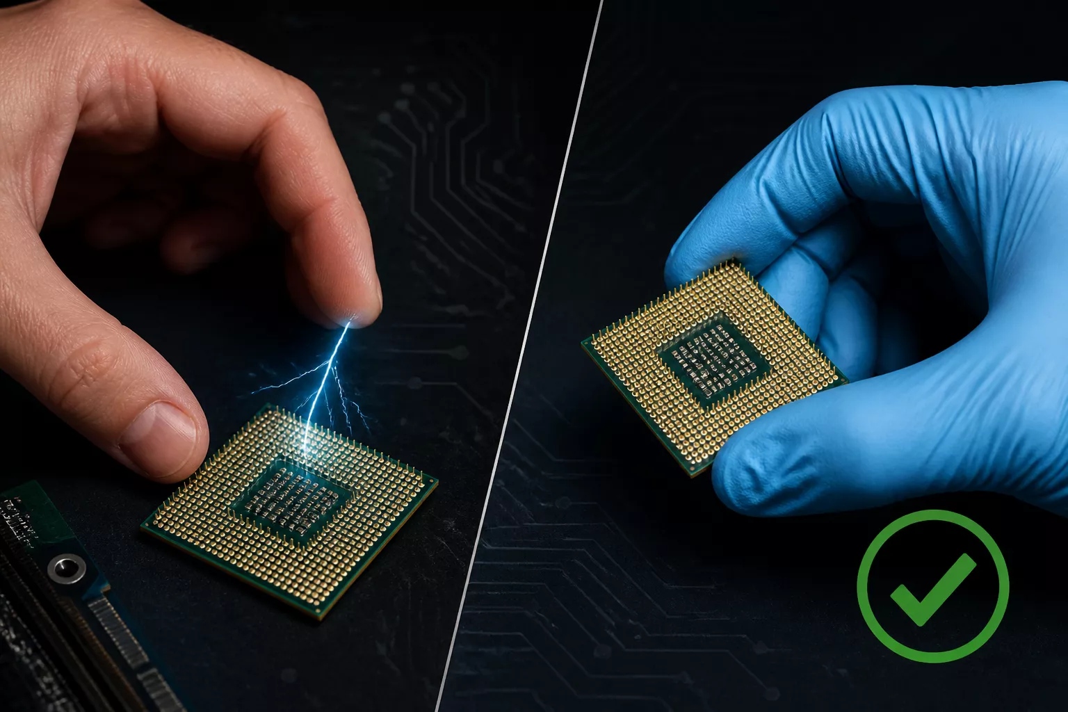 () split-composition educational image showing static electricity concept for PC building, left side displays a bare hand