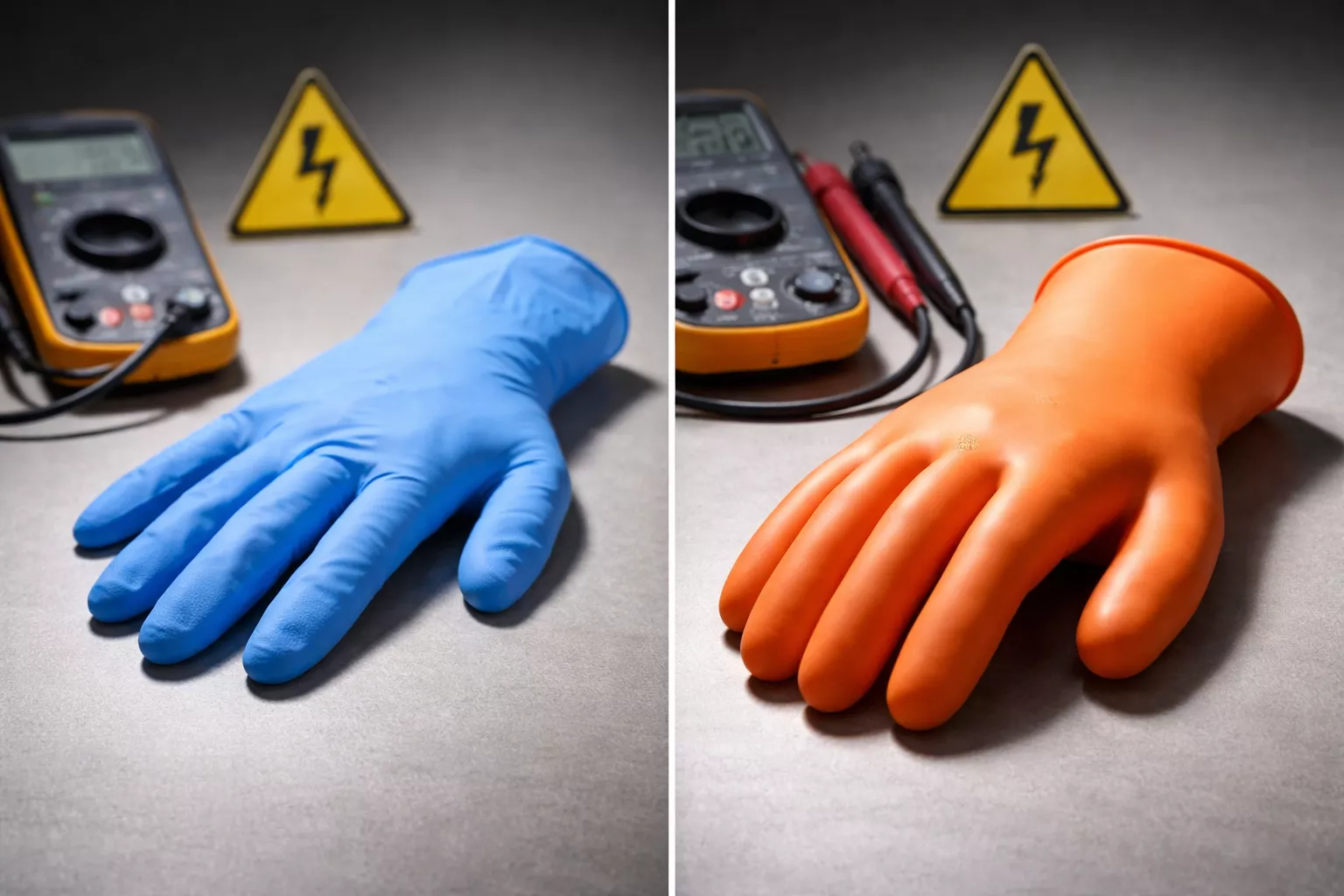 () split-screen comparison photograph showing left side with standard thin blue nitrile disposable glove next to right side