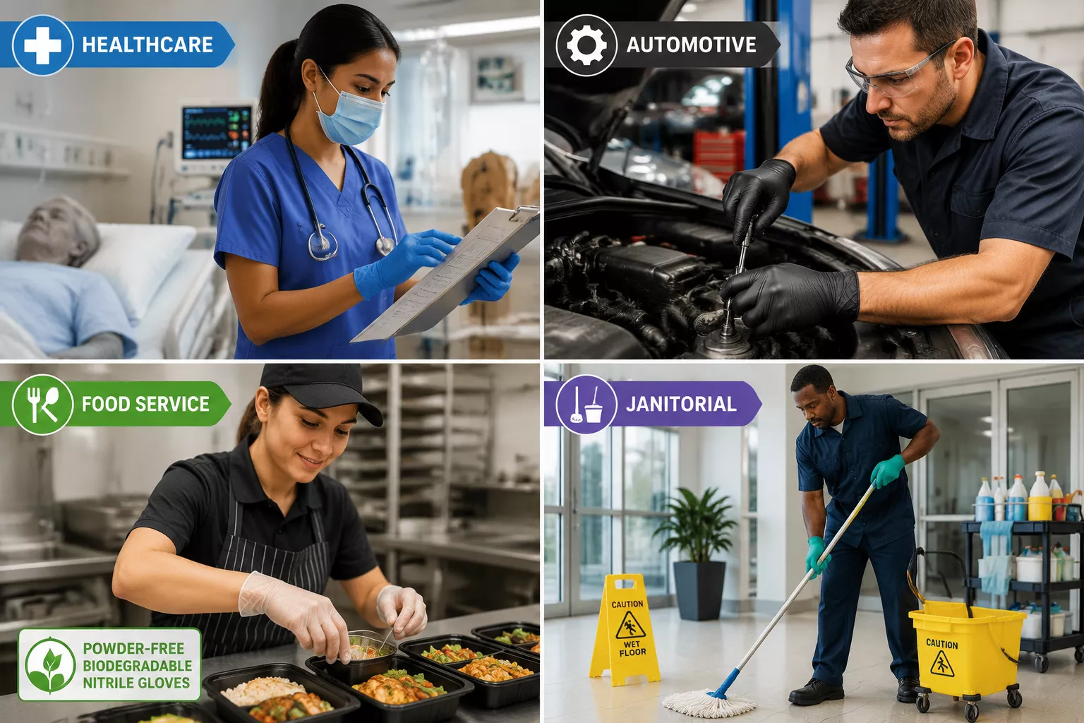 () split-screen composition showing diverse industry applications of biodegradable nitrile gloves across four quadrants: