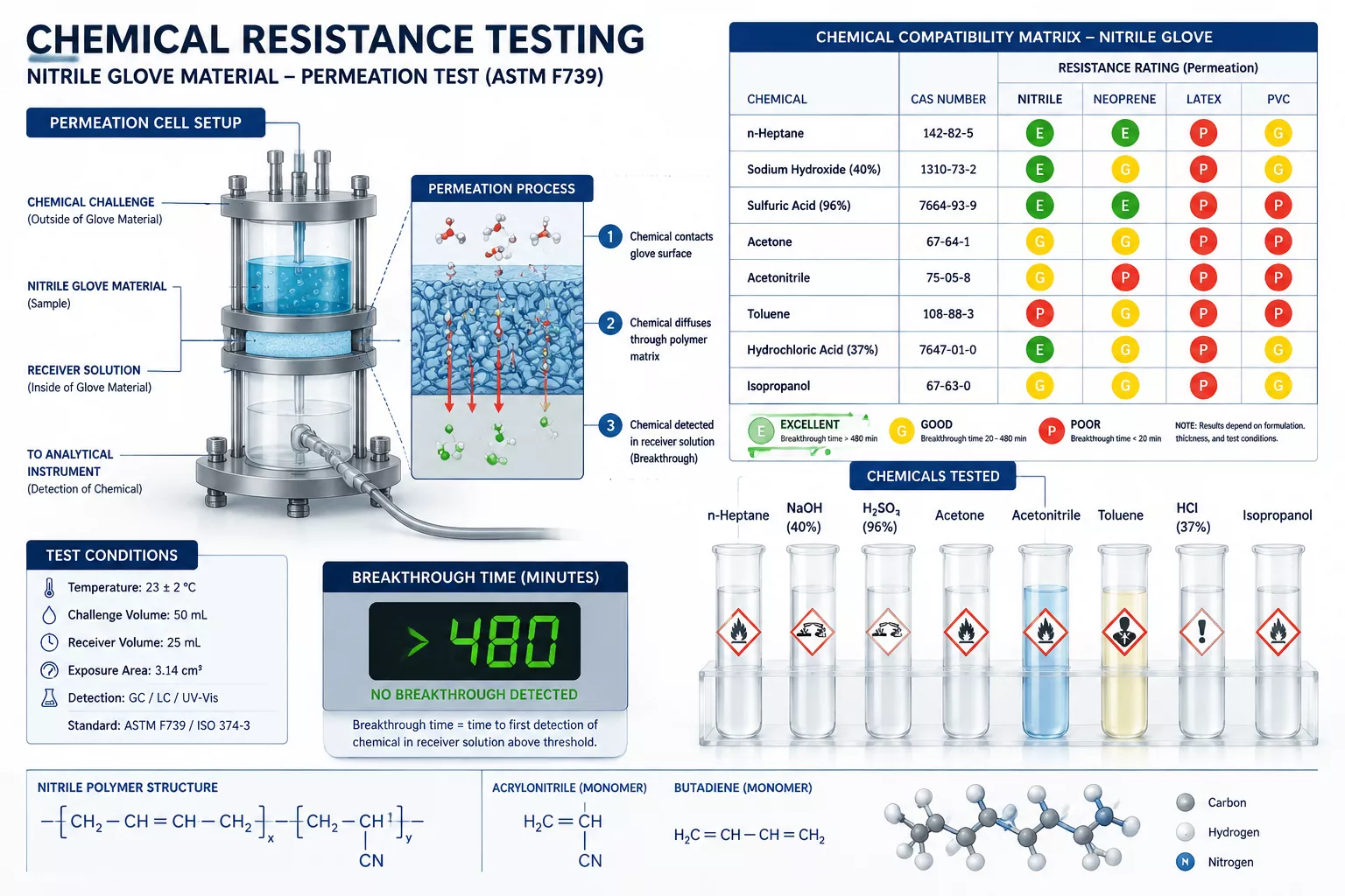 () technical diagram showing chemical resistance testing setup with nitrile glove material sample in permeation cell,