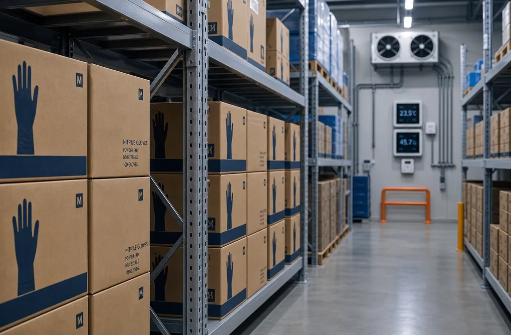 Professional () editorial hero image showing a modern industrial warehouse storage area with rows of sealed cardboard boxes