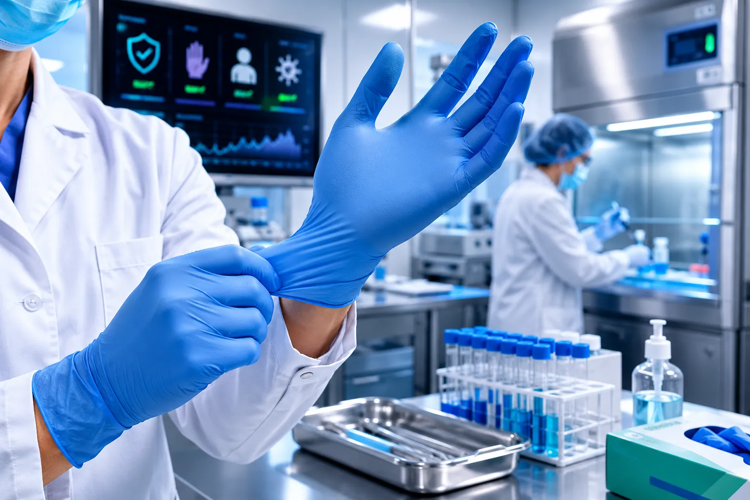 Professional () editorial hero image showing a pristine modern healthcare laboratory setting with powder-free nitrile gloves