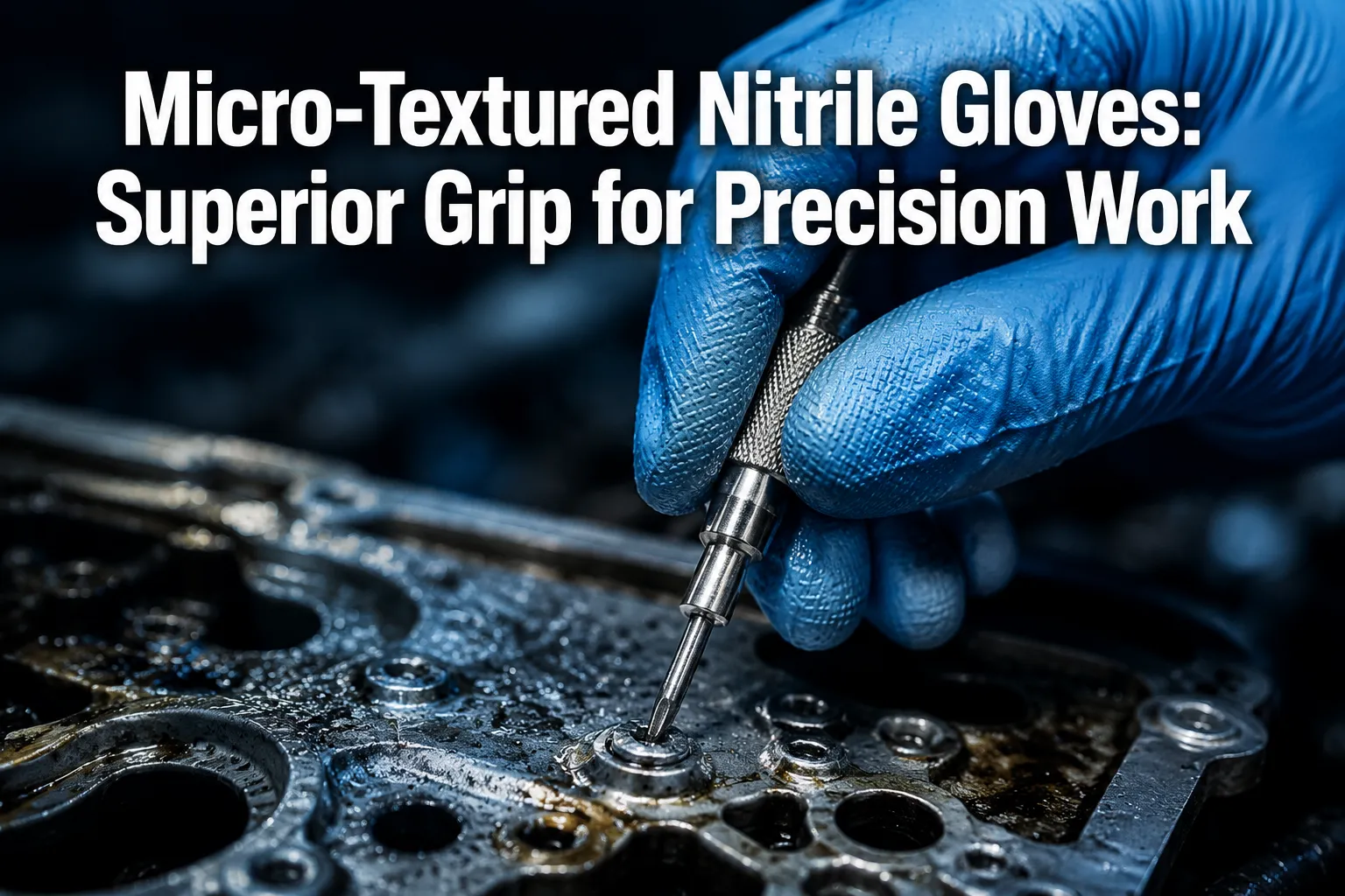 Professional () hero image featuring 'Micro-Textured Nitrile Gloves: Superior Grip for Precision Work' in extra large white
