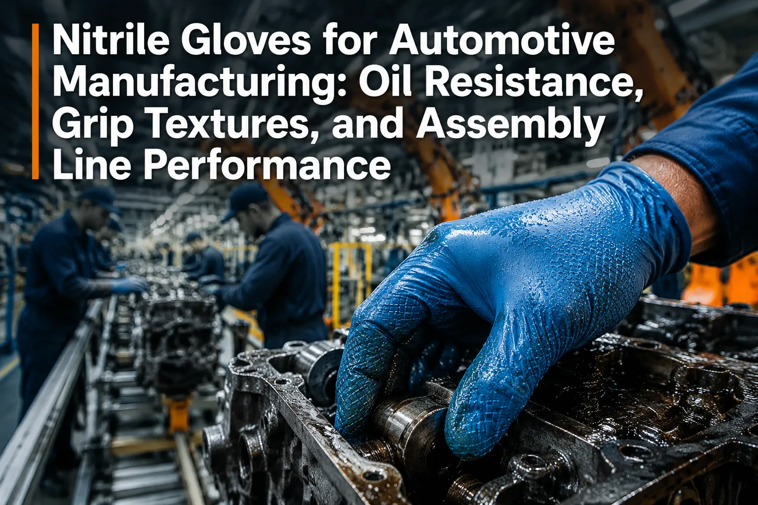 Professional () hero image featuring 'Nitrile Gloves for Automotive Manufacturing: Oil Resistance, Grip Textures, and