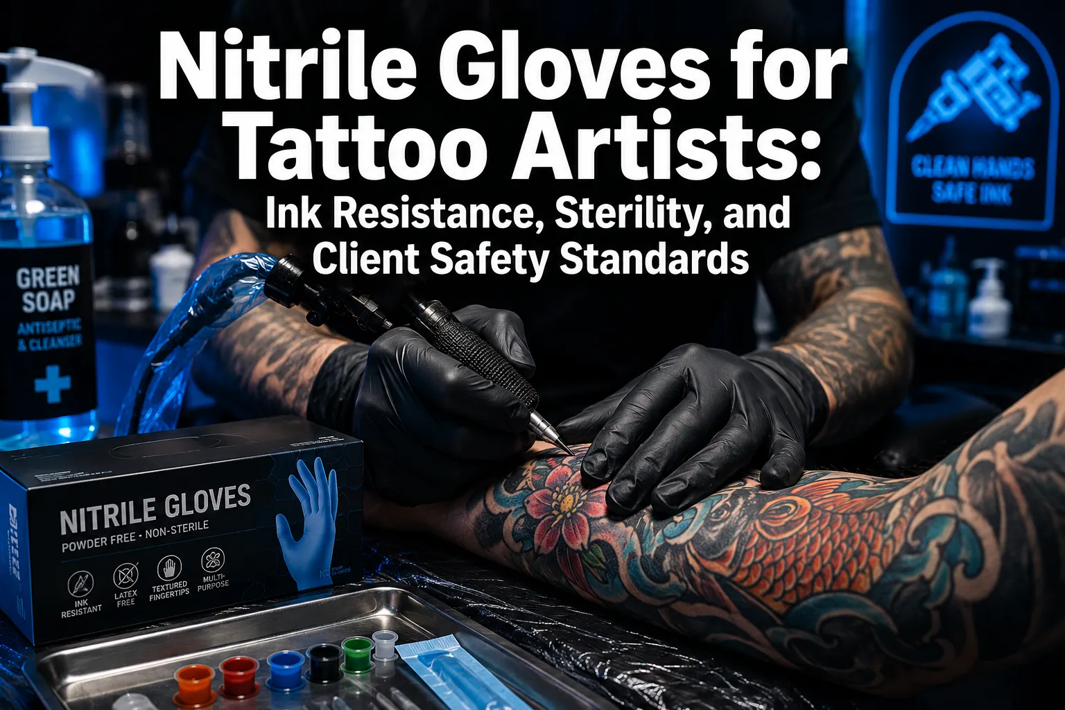 Professional () hero image featuring 'Nitrile Gloves for Tattoo Artists: Ink Resistance, Sterility, and Client Safety