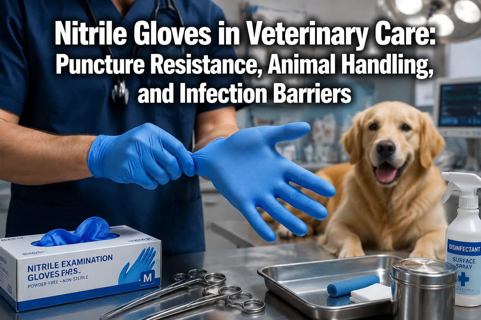 Professional () hero image featuring 'Nitrile Gloves in Veterinary Care: Puncture Resistance, Animal Handling, and Infection