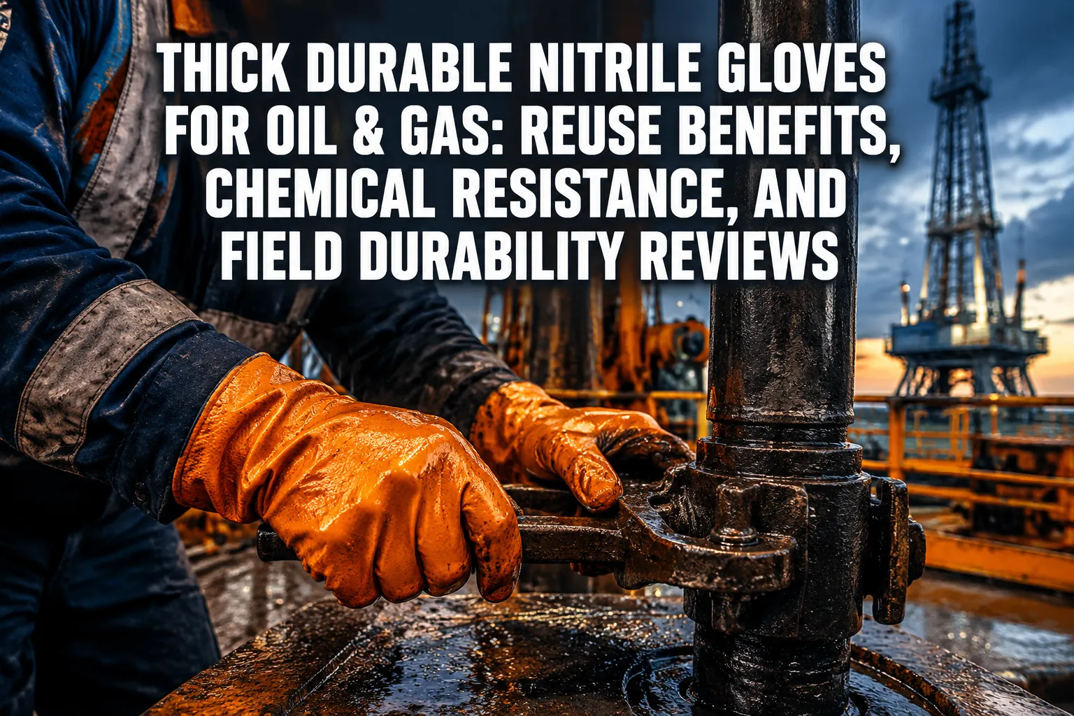Professional () hero image featuring 'Thick Durable Nitrile Gloves for Oil & Gas: Reuse Benefits, Chemical Resistance, and
