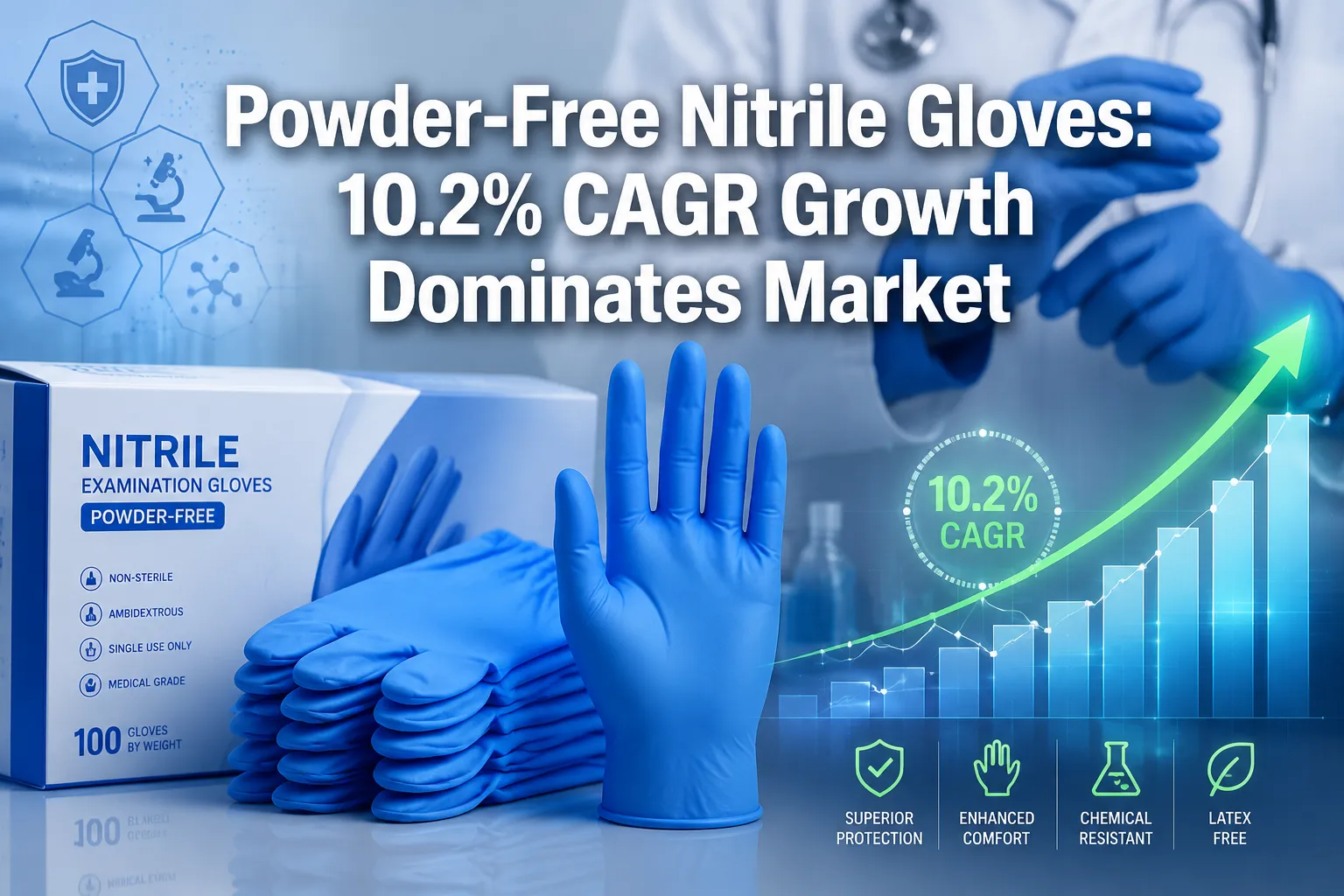 Professional () hero image with 'Powder-Free Nitrile Gloves: 10.2% CAGR Growth Dominates Market' in extra large white with