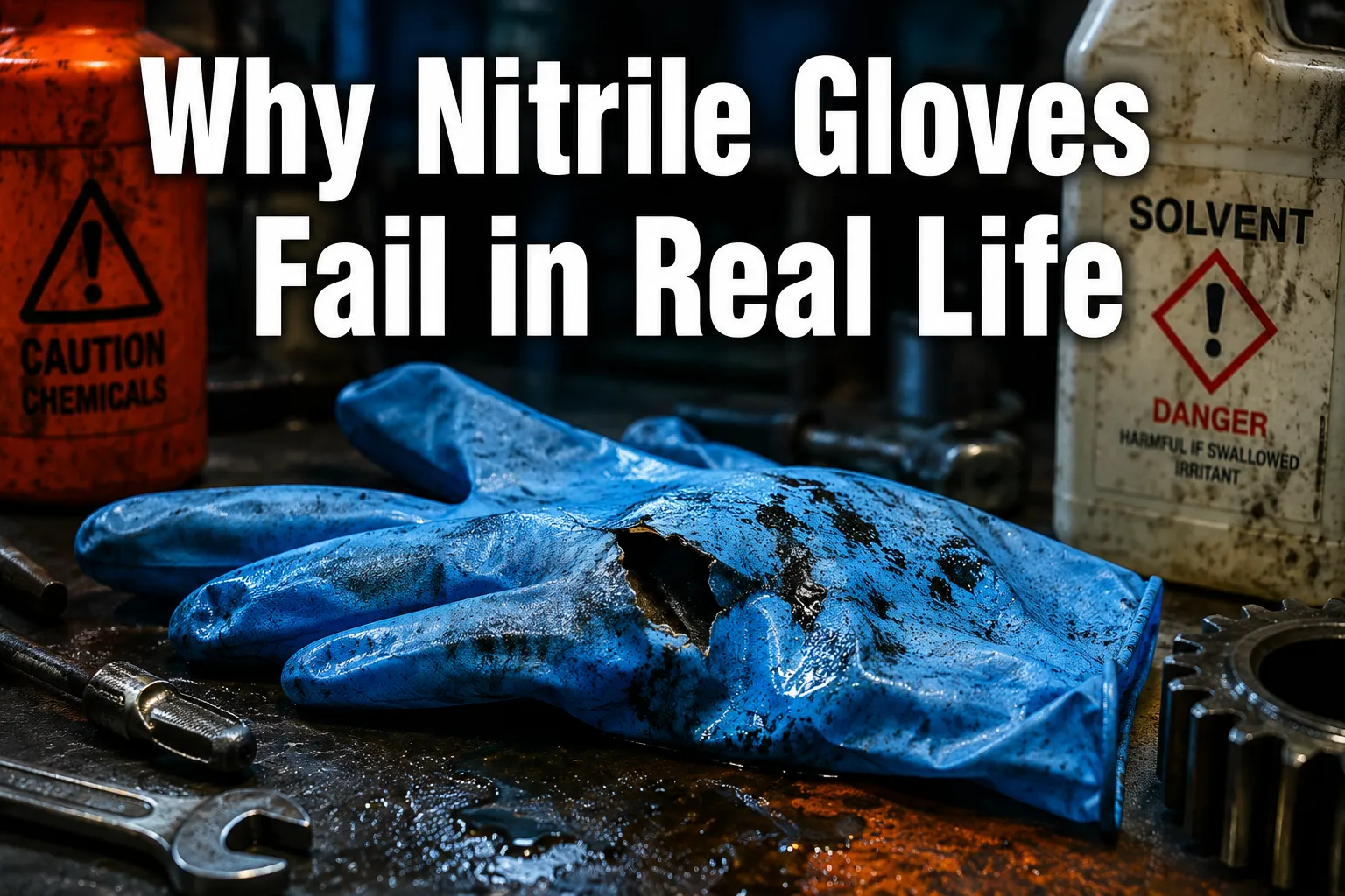 Professional () hero image with 'Why Nitrile Gloves Fail in Real Life' in extra large white with dark , centered in upper