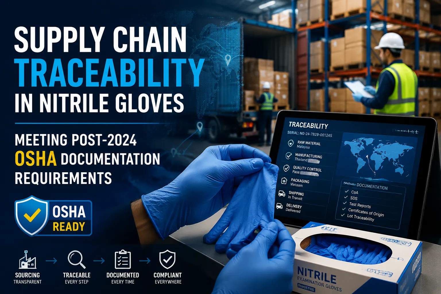 Professional landscape hero image () with : "Supply Chain Traceability in Nitrile Gloves: Meeting Post-2024 OSHA