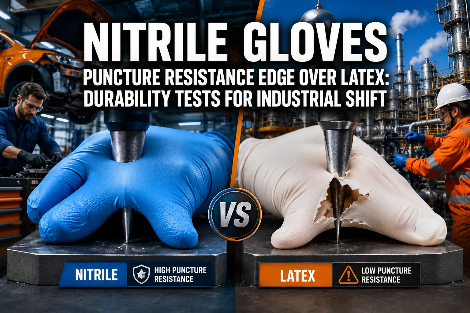 Professional () hero image featuring 'Nitrile Gloves' Puncture Resistance Edge Over Latex: Durability Tests for Industrial