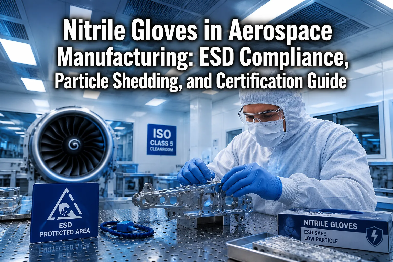 Professional () hero image featuring 'Nitrile Gloves in Aerospace Manufacturing: ESD Compliance, Particle Shedding, and