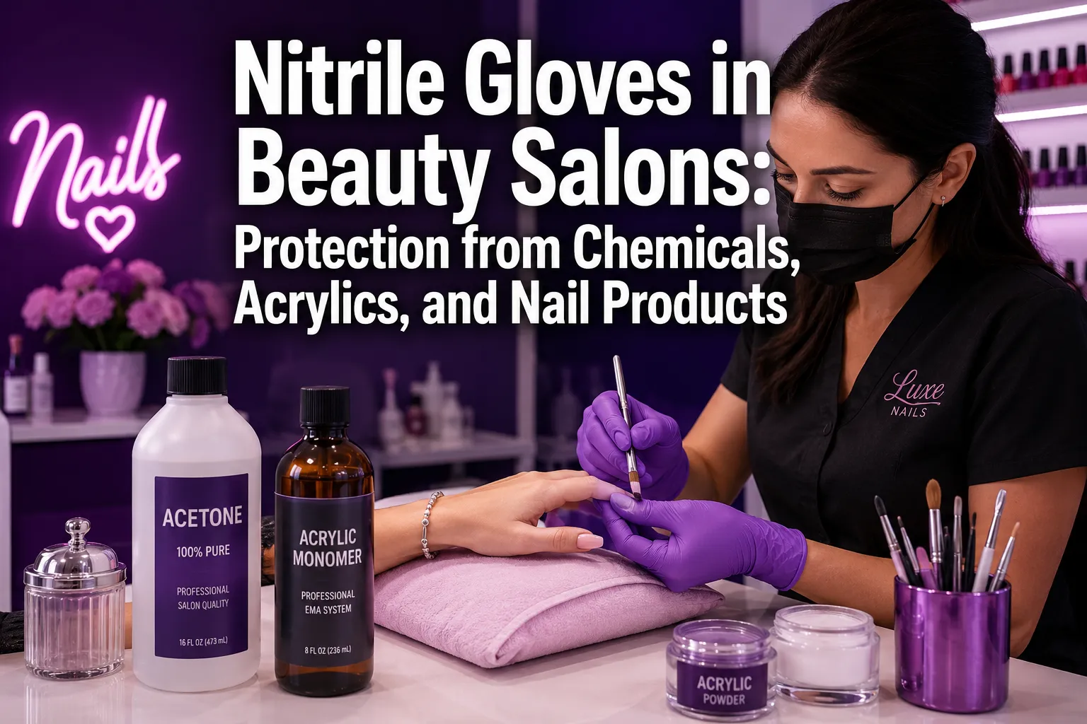 Professional () hero image featuring 'Nitrile Gloves in Beauty Salons: Protection from Chemicals, Acrylics, and Nail