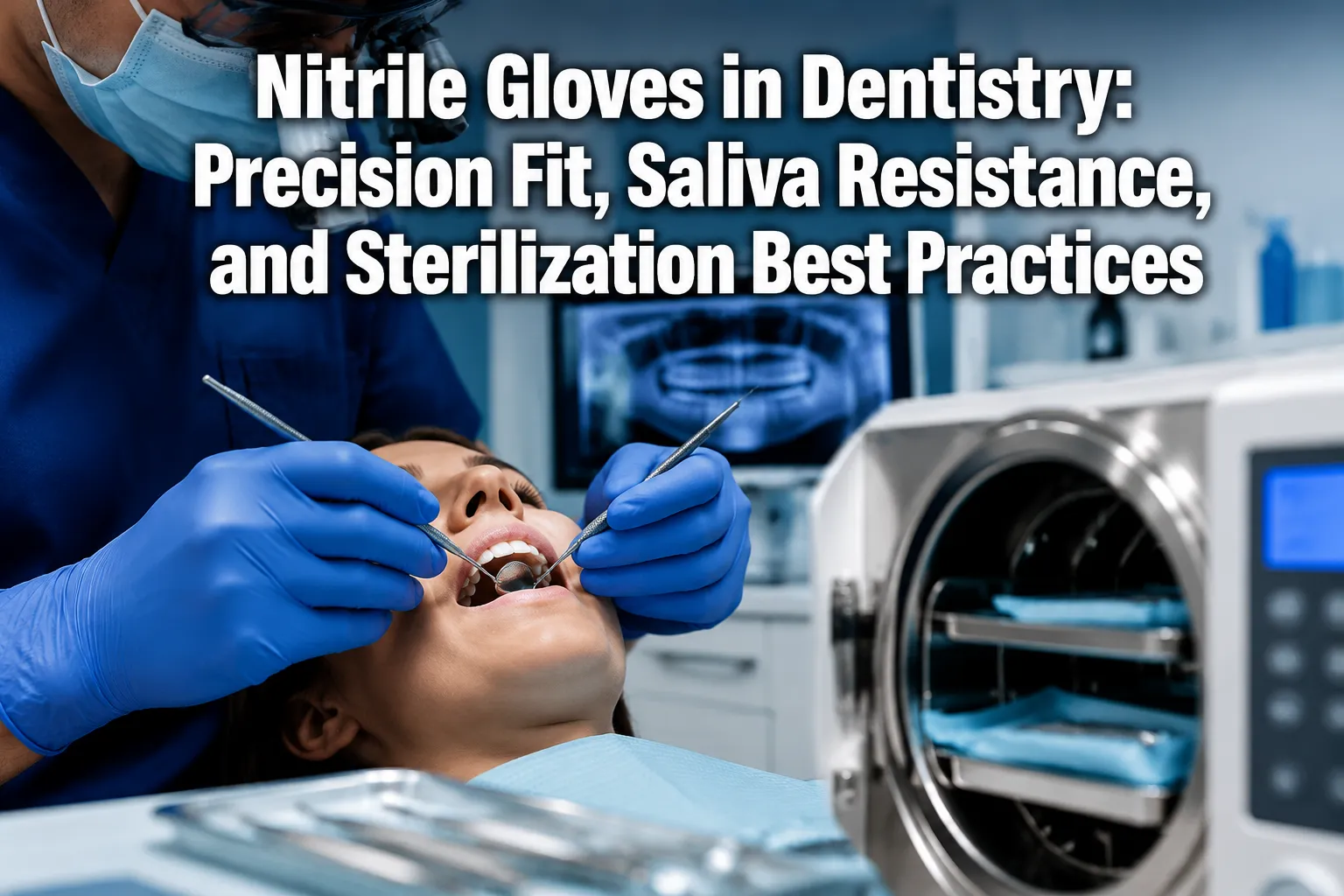 Professional () hero image featuring 'Nitrile Gloves in Dentistry: Precision Fit, Saliva Resistance, and Sterilization Best