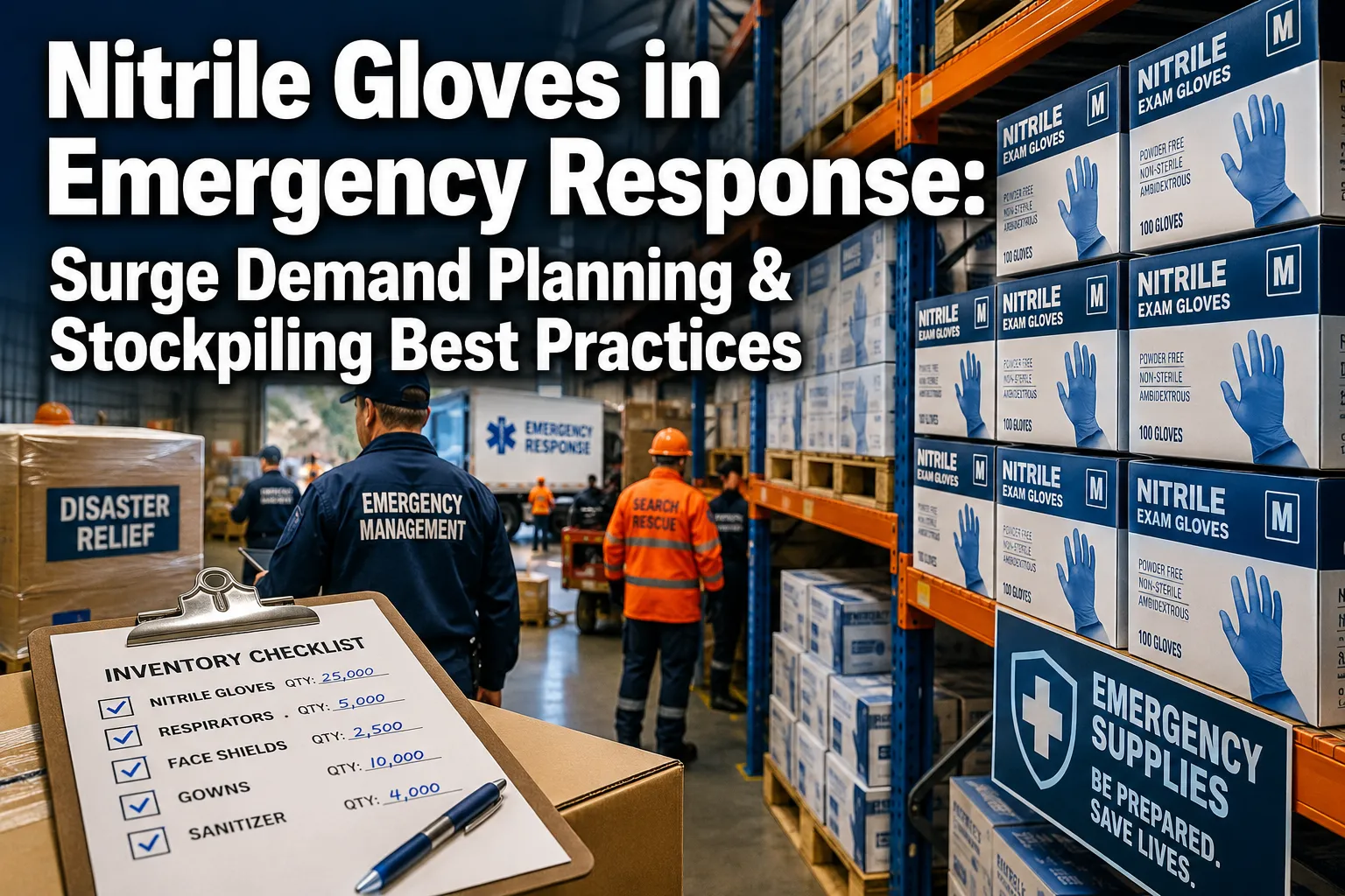 Professional () hero image featuring 'Nitrile Gloves in Emergency Response: Surge Demand Planning & Stockpiling Best