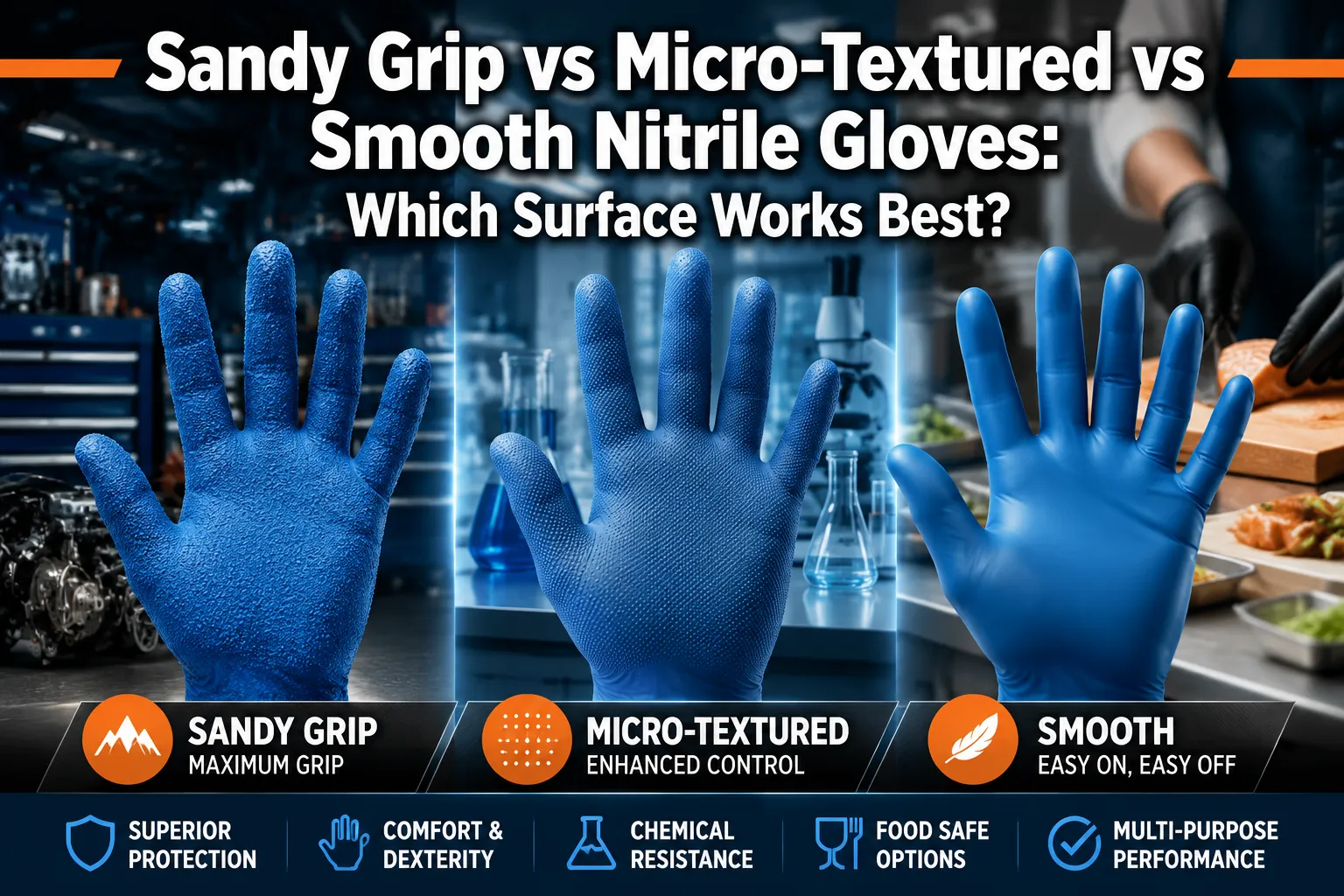 Professional () hero image featuring three distinct nitrile gloves side by side showing sandy grip texture, micro-textured