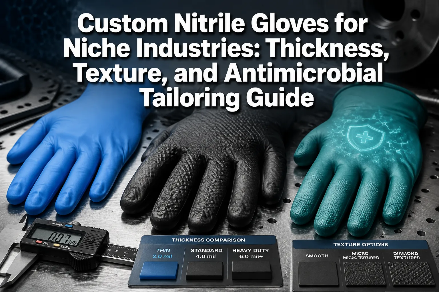 Professional () hero image with 'Custom Nitrile Gloves for Niche Industries: Thickness, Texture, and Antimicrobial Tailoring